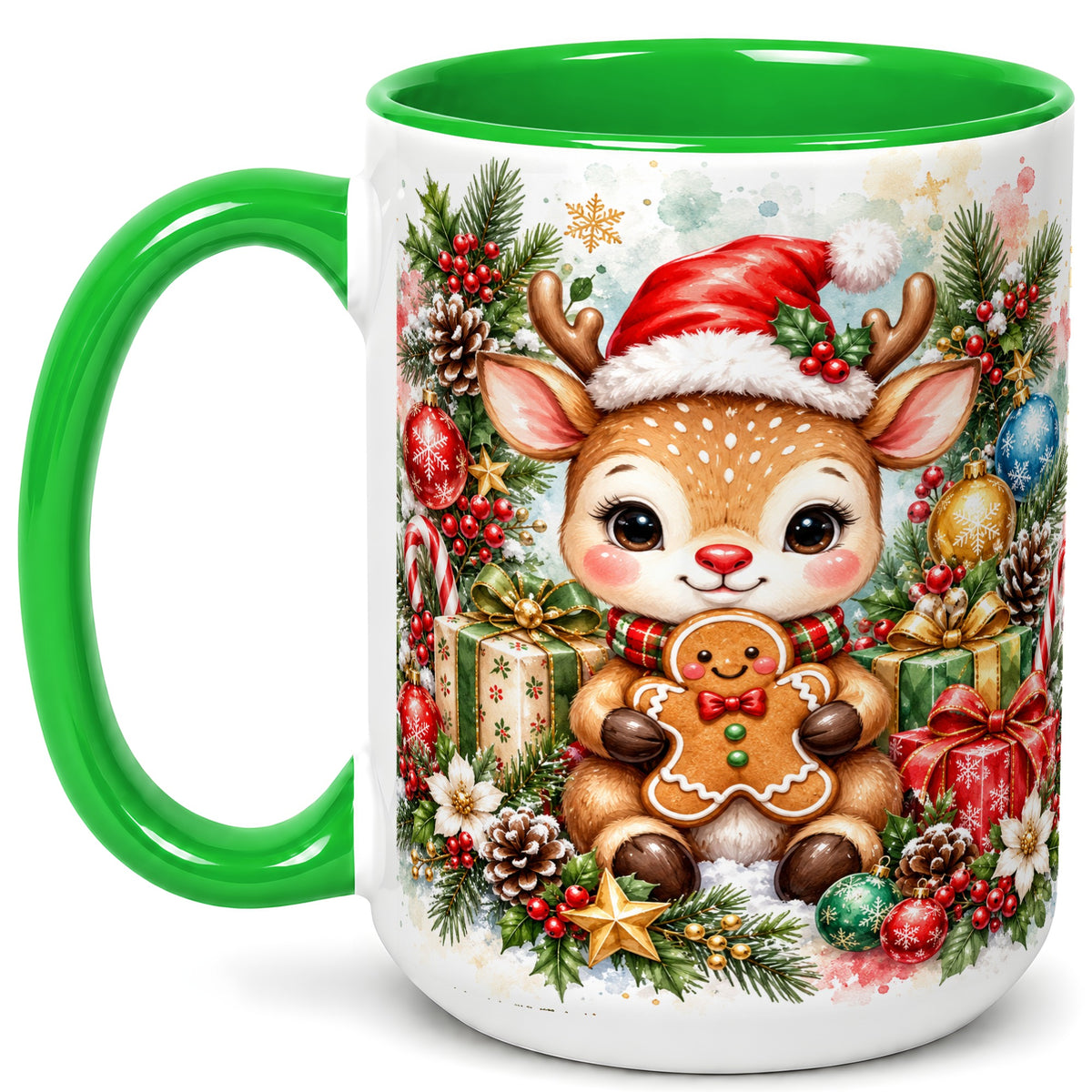 #pl[15oz|Green] Watercolor Christmas Reindeer Coffee Mug, Gingerbread Deer Mug, Ceramic Cup