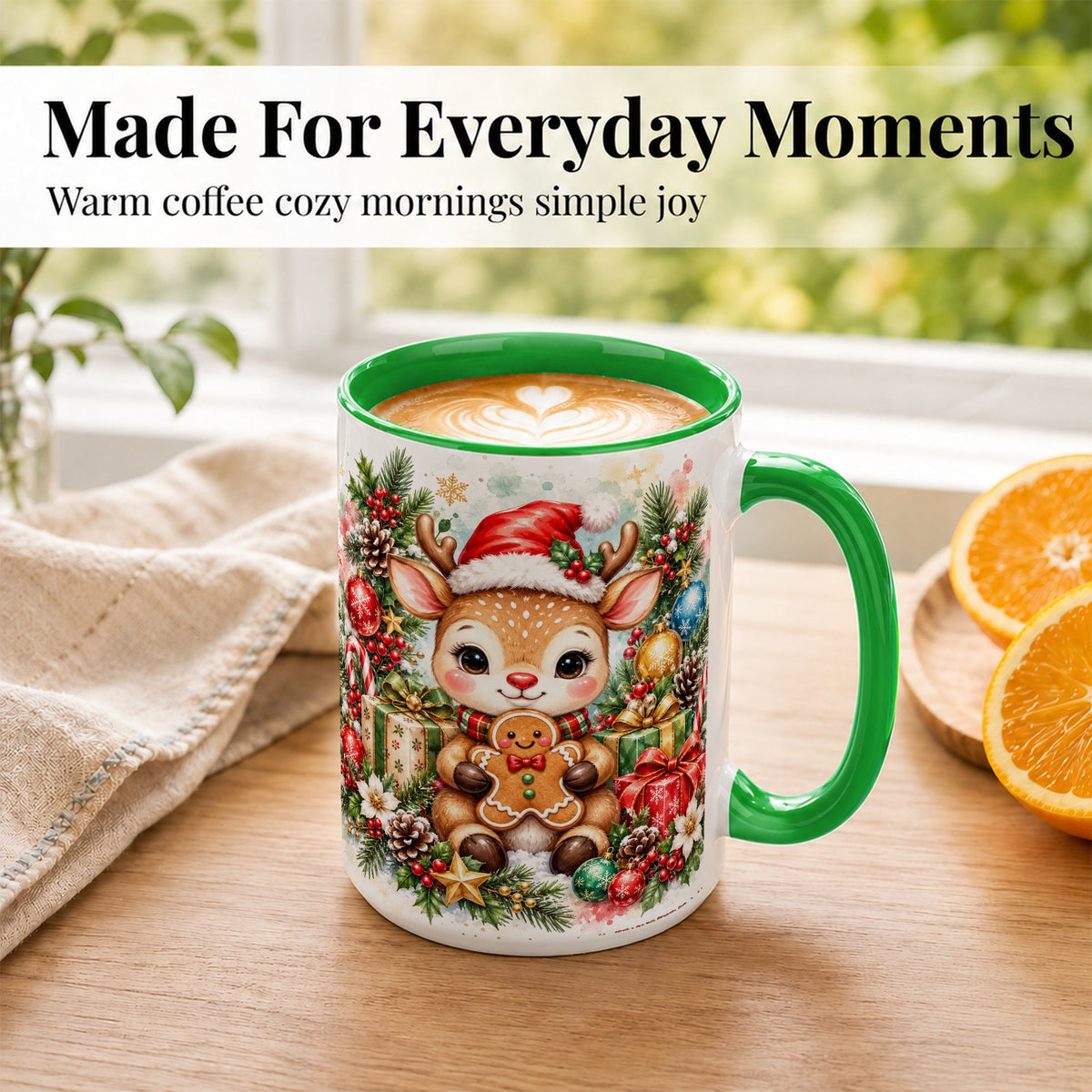 #pl[15oz|Green] Watercolor Christmas Reindeer Coffee Mug, Gingerbread Deer Mug, Ceramic Cup