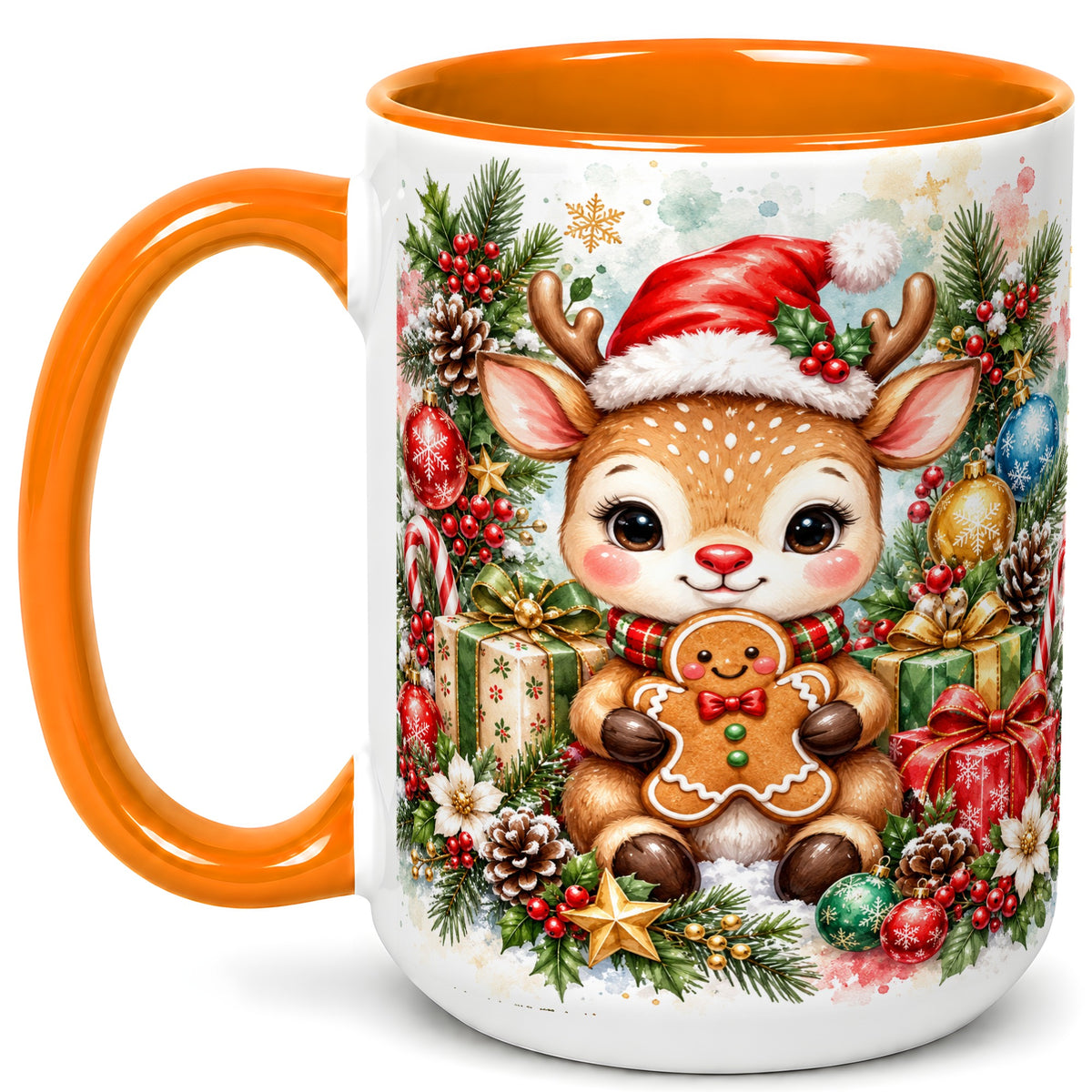 #pl[15oz|Orange] Watercolor Christmas Reindeer Coffee Mug, Gingerbread Deer Mug, Ceramic Cup