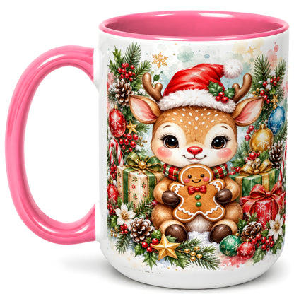 #pl[15oz|Pink] Watercolor Christmas Reindeer Coffee Mug, Gingerbread Deer Mug, Ceramic Cup