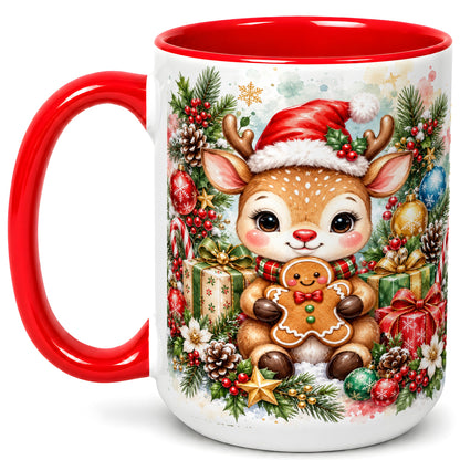 #pl[15oz|Red] Watercolor Christmas Reindeer Coffee Mug, Gingerbread Deer Mug, Ceramic Cup