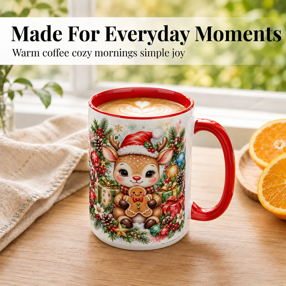 #pl[15oz|Red] Watercolor Christmas Reindeer Coffee Mug, Gingerbread Deer Mug, Ceramic Cup