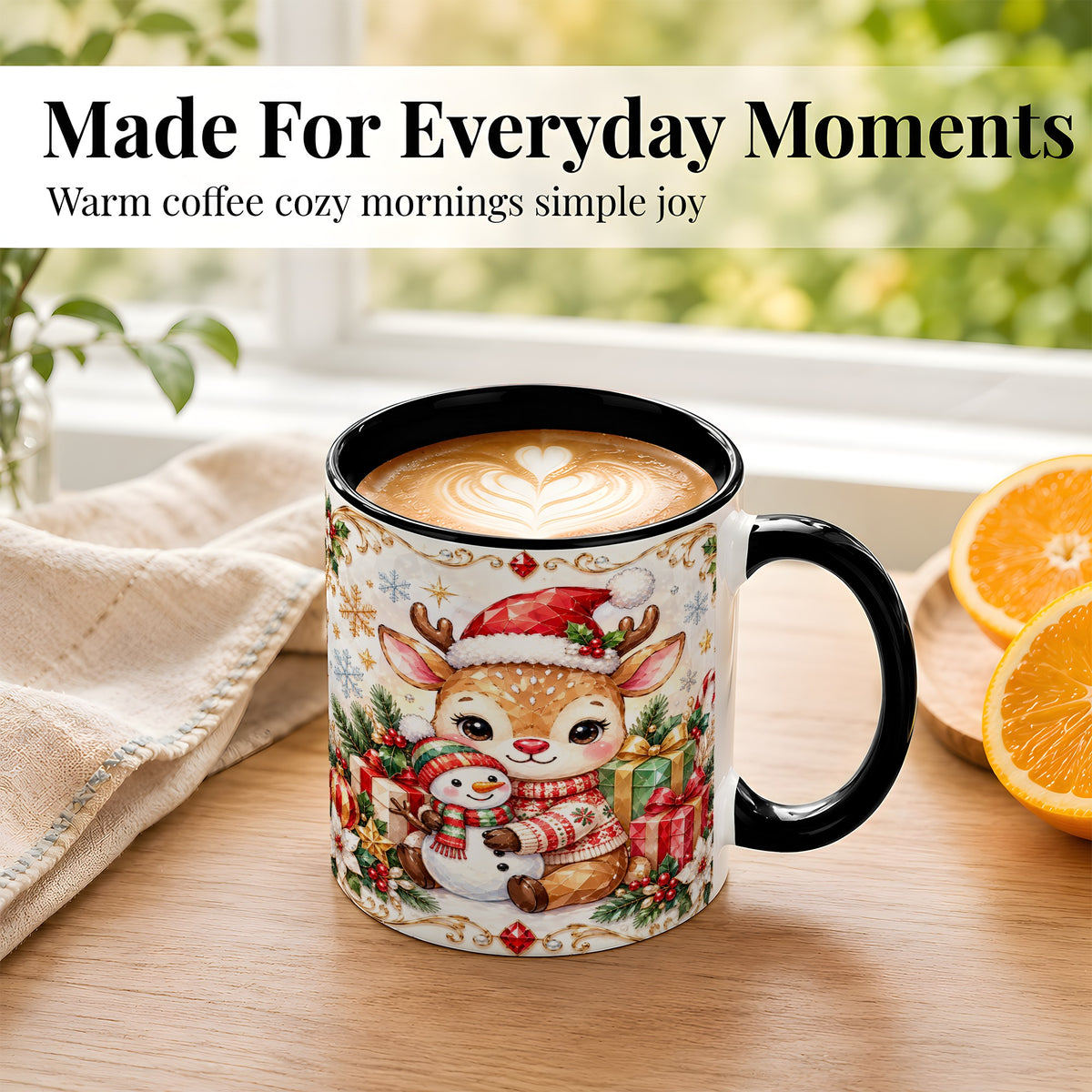 #pl[11oz|Black] Christmas Reindeer Coffee Mug, Snowman Mug, Ceramic Cup