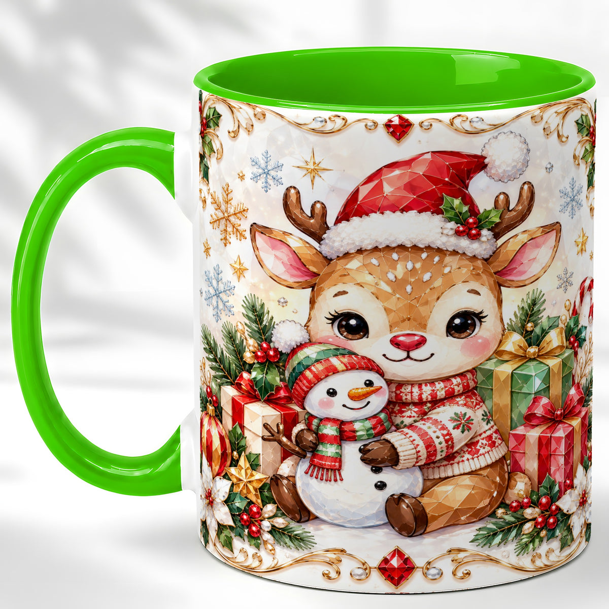 #pl[11oz|Green] Christmas Reindeer Coffee Mug, Snowman Mug, Ceramic Cup