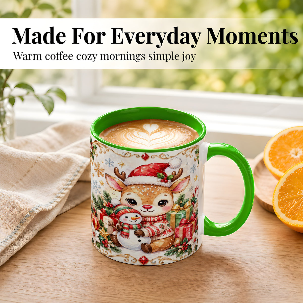 #pl[11oz|Green] Christmas Reindeer Coffee Mug, Snowman Mug, Ceramic Cup