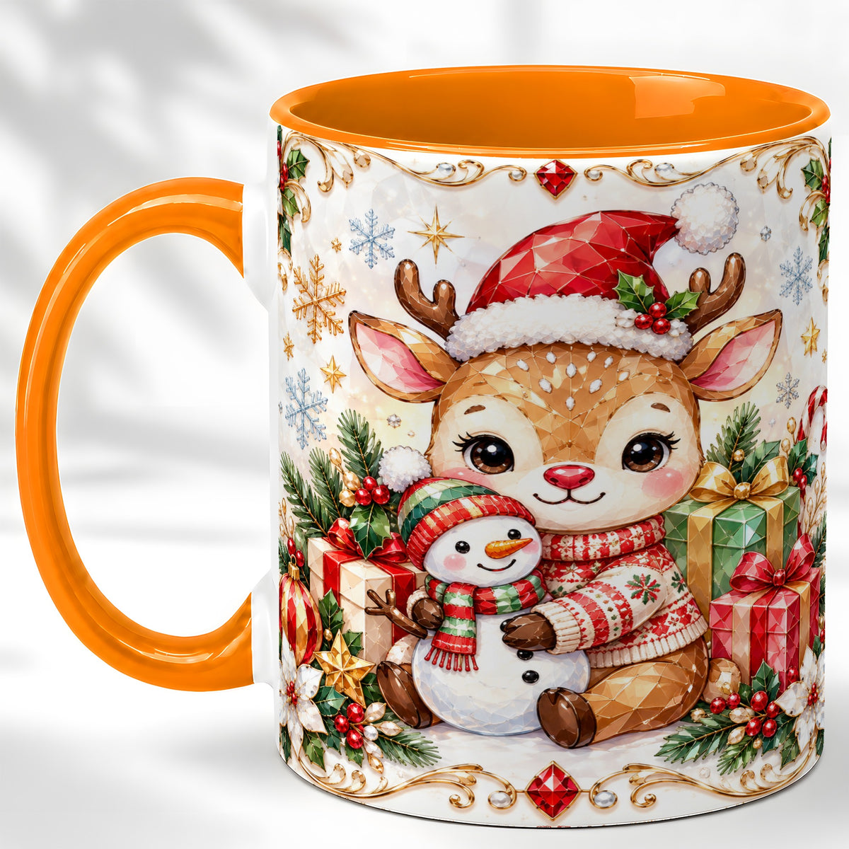 #pl[11oz|Orange] Christmas Reindeer Coffee Mug, Snowman Mug, Ceramic Cup