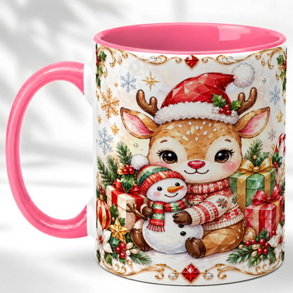 #pl[11oz|Pink] Christmas Reindeer Coffee Mug, Snowman Mug, Ceramic Cup