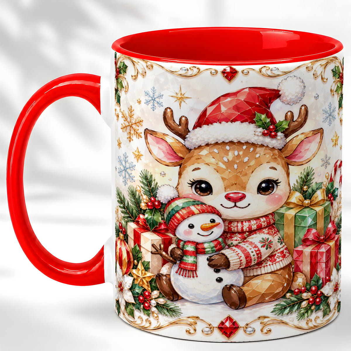Christmas Reindeer Coffee Mug, Snowman Mug, Ceramic Cup