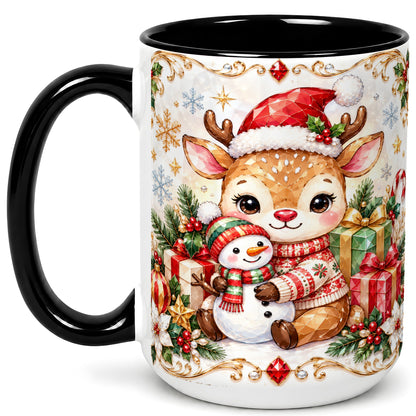 #pl[15oz|Black] Christmas Reindeer Coffee Mug, Snowman Mug, Ceramic Cup