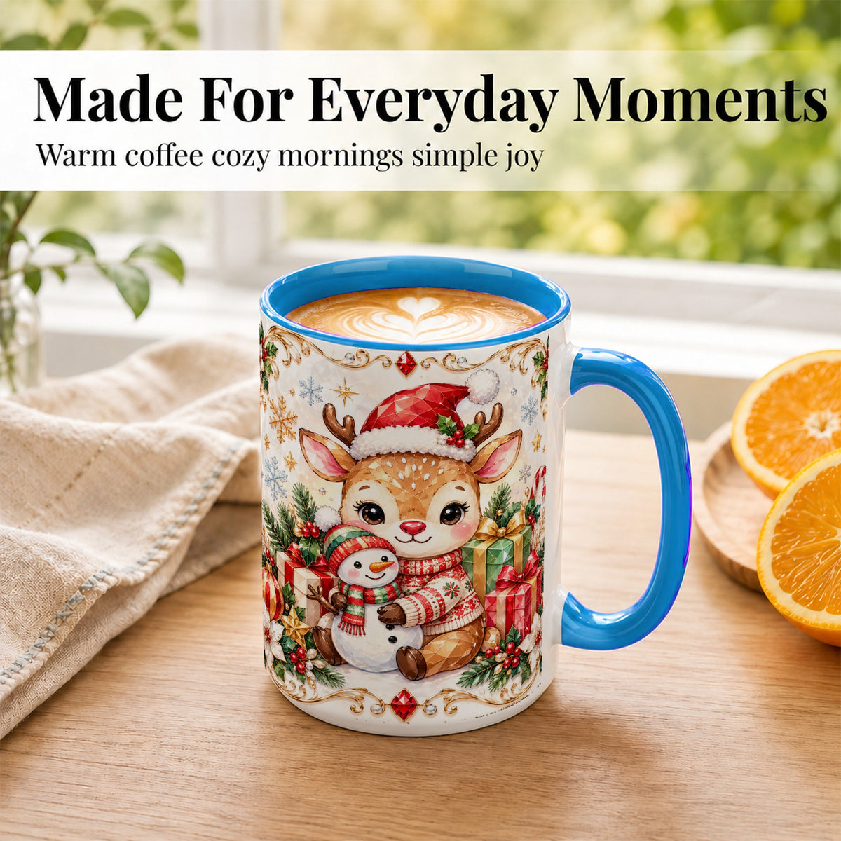 #pl[15oz|Blue] Christmas Reindeer Coffee Mug, Snowman Mug, Ceramic Cup