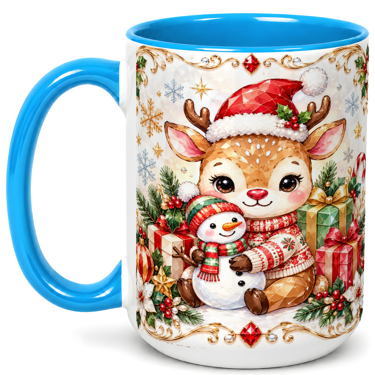 #pl[15oz|Blue] Christmas Reindeer Coffee Mug, Snowman Mug, Ceramic Cup