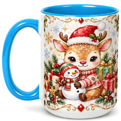 #pl[15oz|Blue] Christmas Reindeer Coffee Mug, Snowman Mug, Ceramic Cup