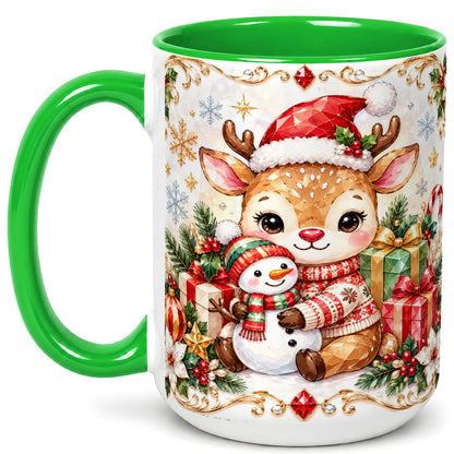 #pl[15oz|Green] Christmas Reindeer Coffee Mug, Snowman Mug, Ceramic Cup