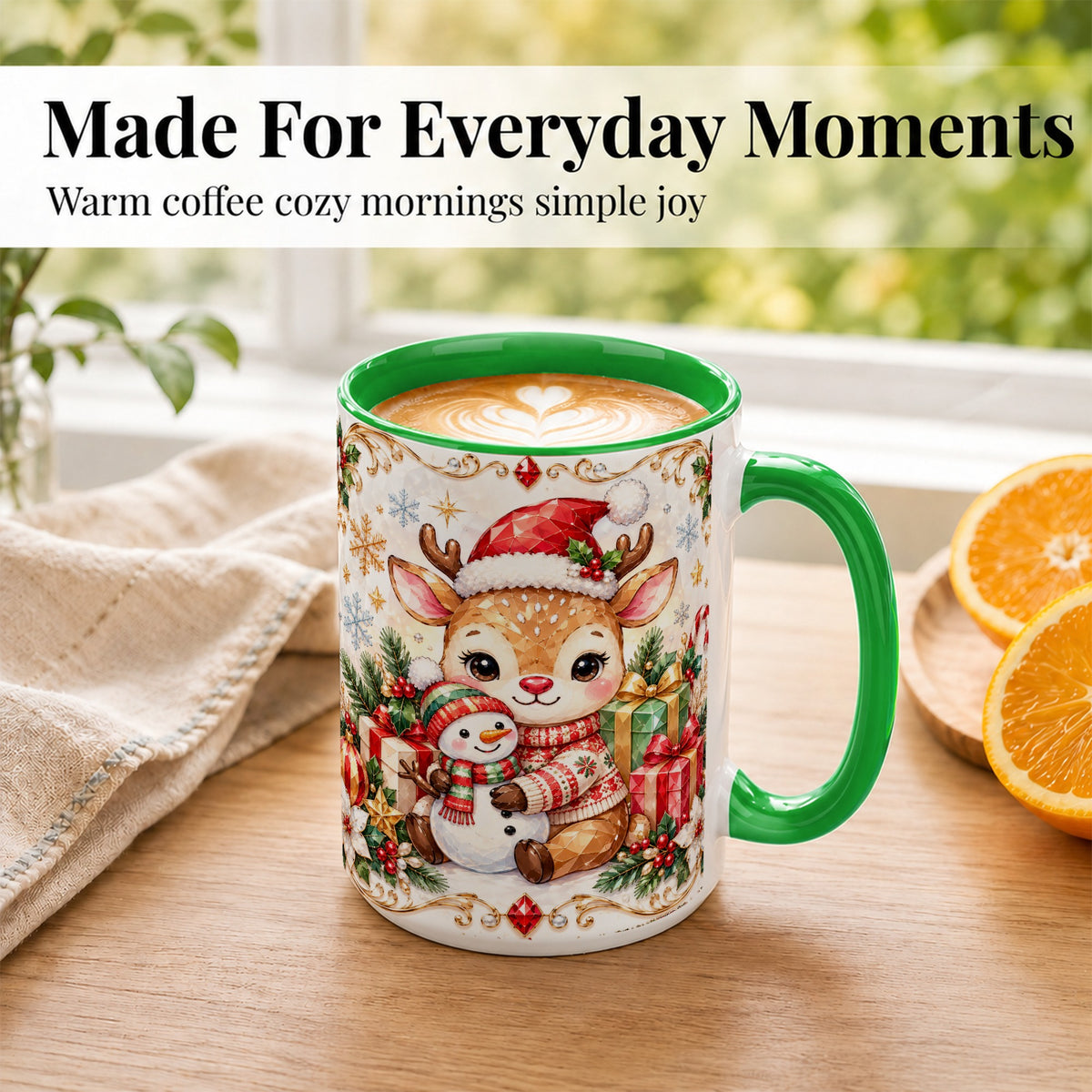 #pl[15oz|Green] Christmas Reindeer Coffee Mug, Snowman Mug, Ceramic Cup