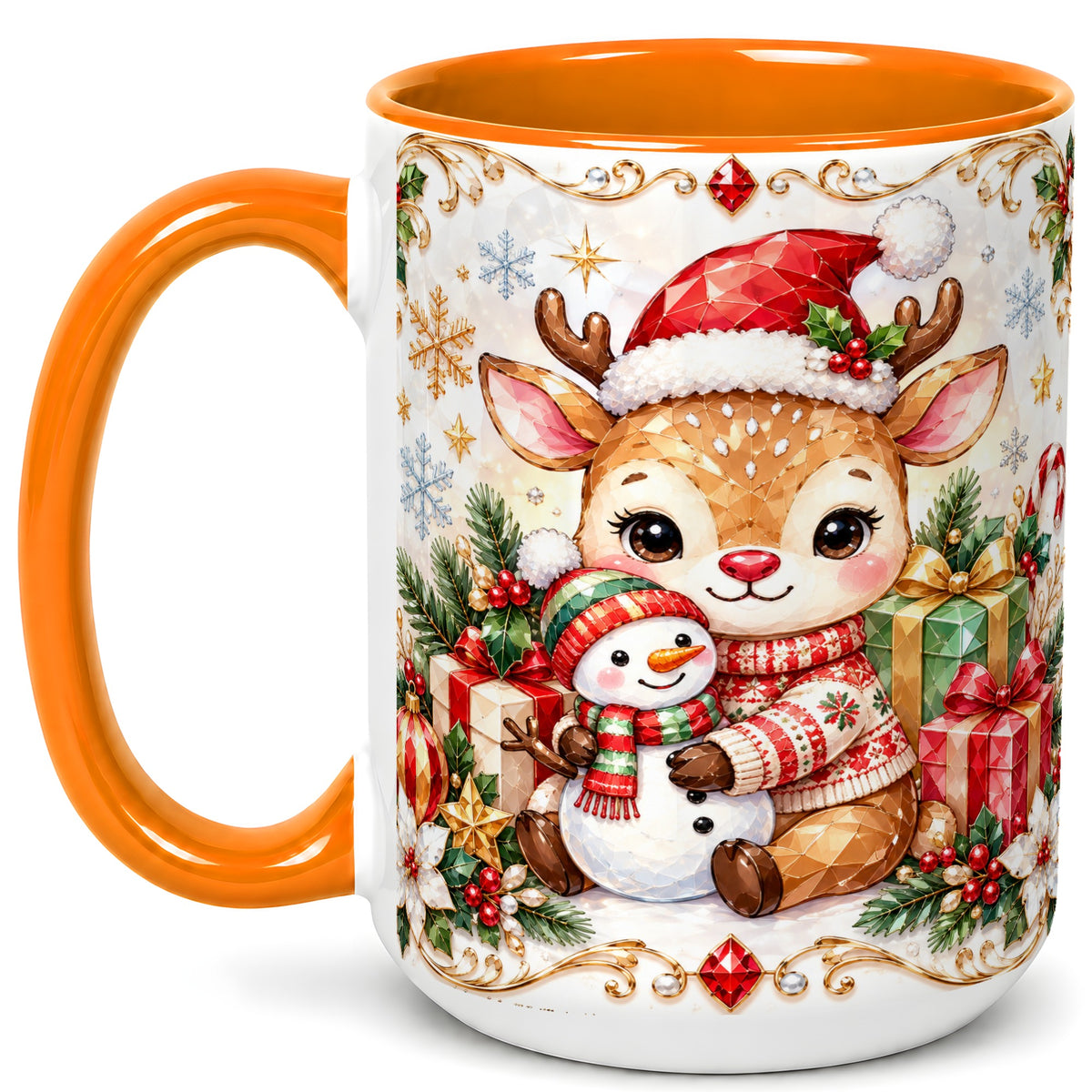 #pl[15oz|Orange] Christmas Reindeer Coffee Mug, Snowman Mug, Ceramic Cup