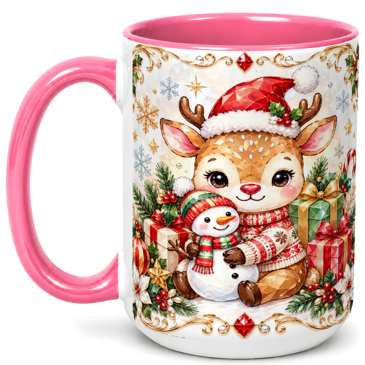 #pl[15oz|Pink] Christmas Reindeer Coffee Mug, Snowman Mug, Ceramic Cup