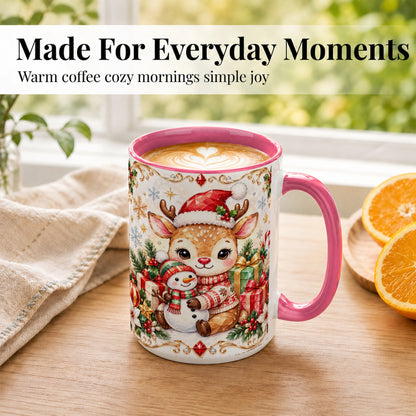 #pl[15oz|Pink] Christmas Reindeer Coffee Mug, Snowman Mug, Ceramic Cup