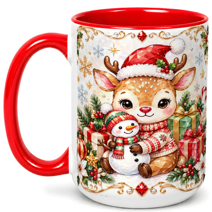 #pl[15oz|Red] Christmas Reindeer Coffee Mug, Snowman Mug, Ceramic Cup