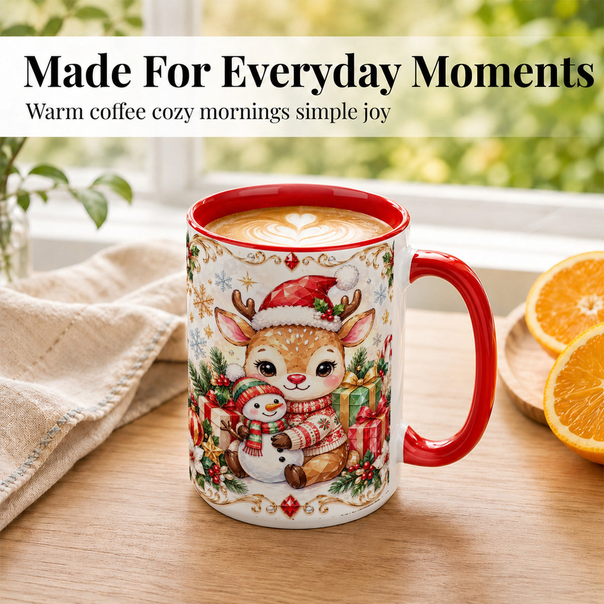#pl[15oz|Red] Christmas Reindeer Coffee Mug, Snowman Mug, Ceramic Cup