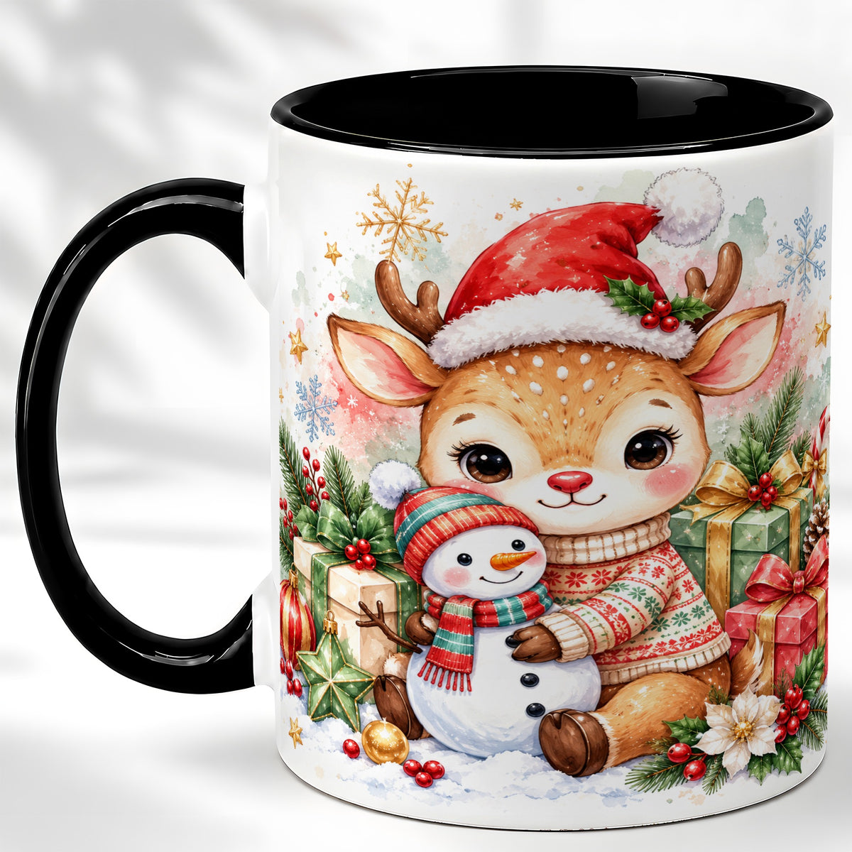 #pl[11oz|Black] Watercolor Reindeer Coffee Mug, Snowman Mug, Ceramic Cup