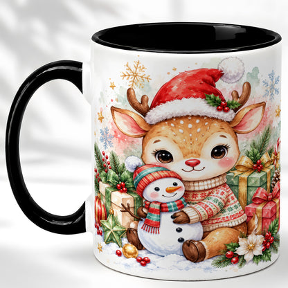 #pl[11oz|Black] Watercolor Reindeer Coffee Mug, Snowman Mug, Ceramic Cup