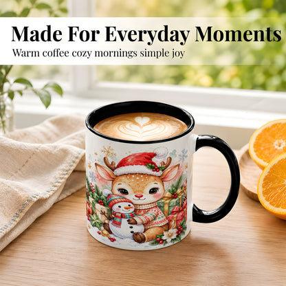 #pl[11oz|Black] Watercolor Reindeer Coffee Mug, Snowman Mug, Ceramic Cup