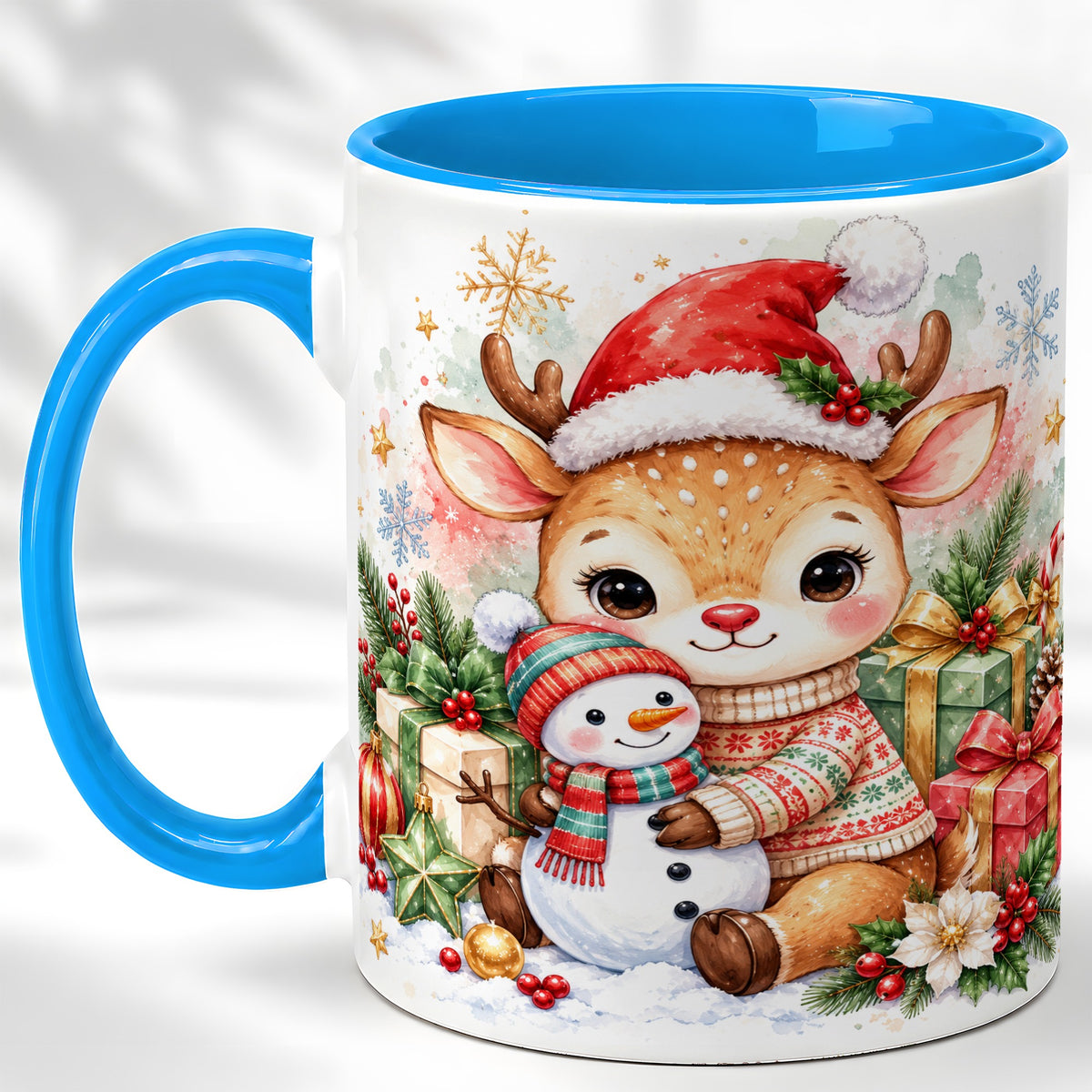 #pl[11oz|Blue] Watercolor Reindeer Coffee Mug, Snowman Mug, Ceramic Cup