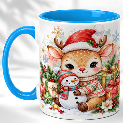 #pl[11oz|Blue] Watercolor Reindeer Coffee Mug, Snowman Mug, Ceramic Cup
