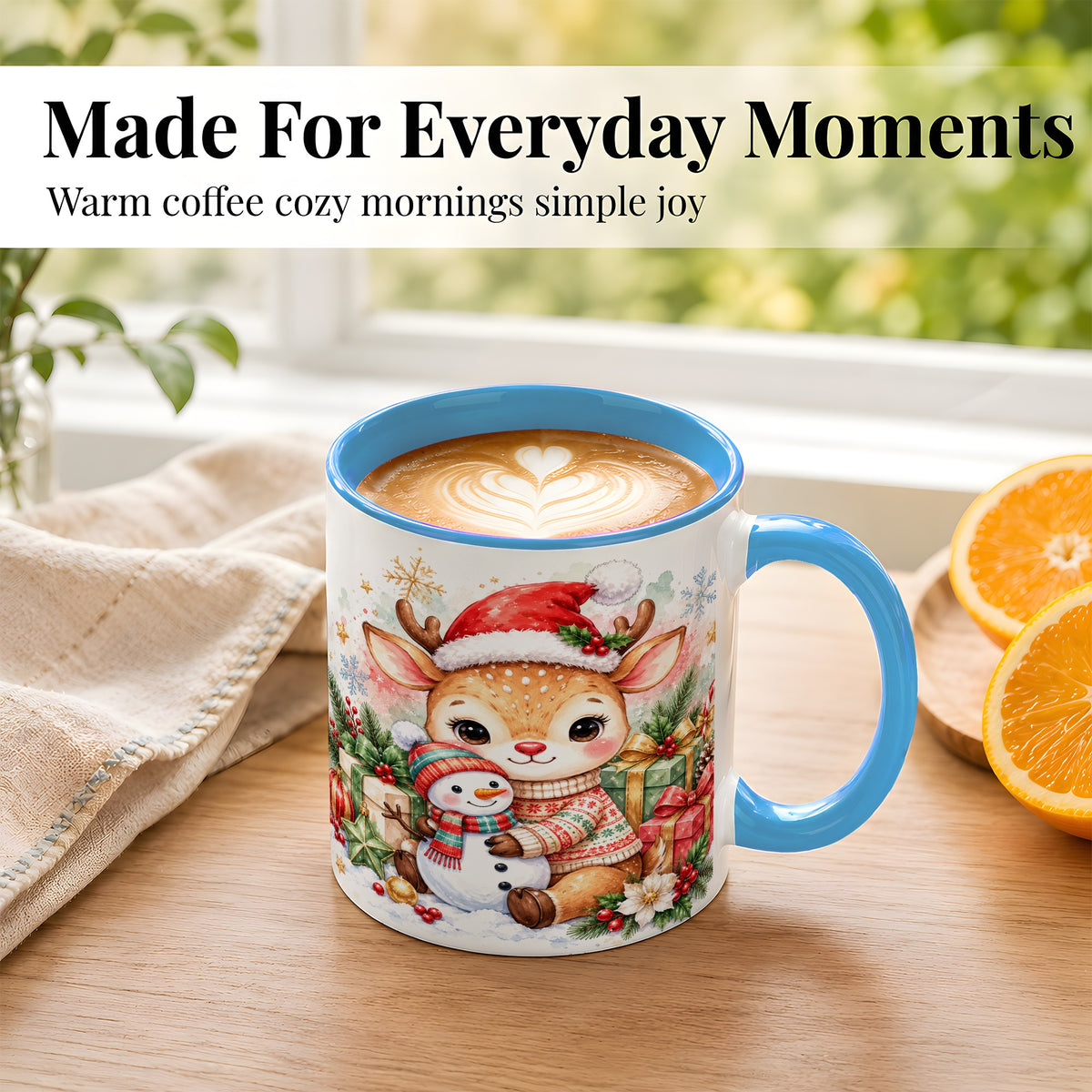 #pl[11oz|Blue] Watercolor Reindeer Coffee Mug, Snowman Mug, Ceramic Cup