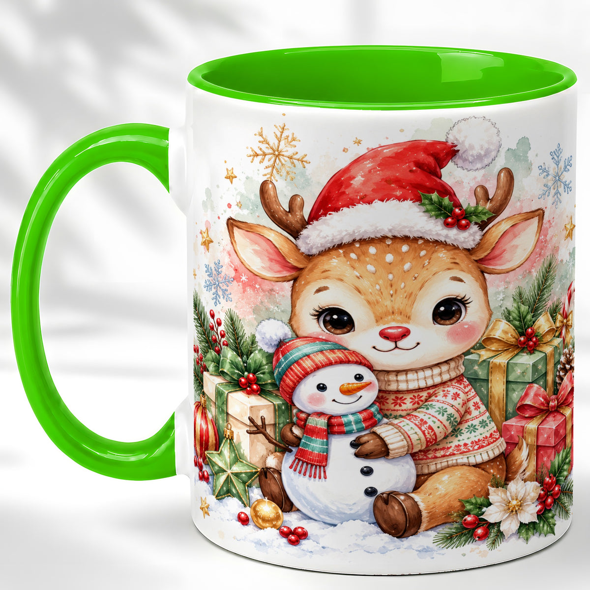 #pl[11oz|Green] Watercolor Reindeer Coffee Mug, Snowman Mug, Ceramic Cup