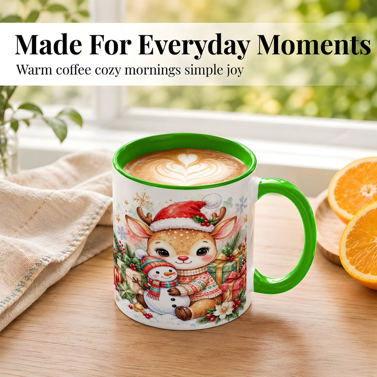 #pl[11oz|Green] Watercolor Reindeer Coffee Mug, Snowman Mug, Ceramic Cup