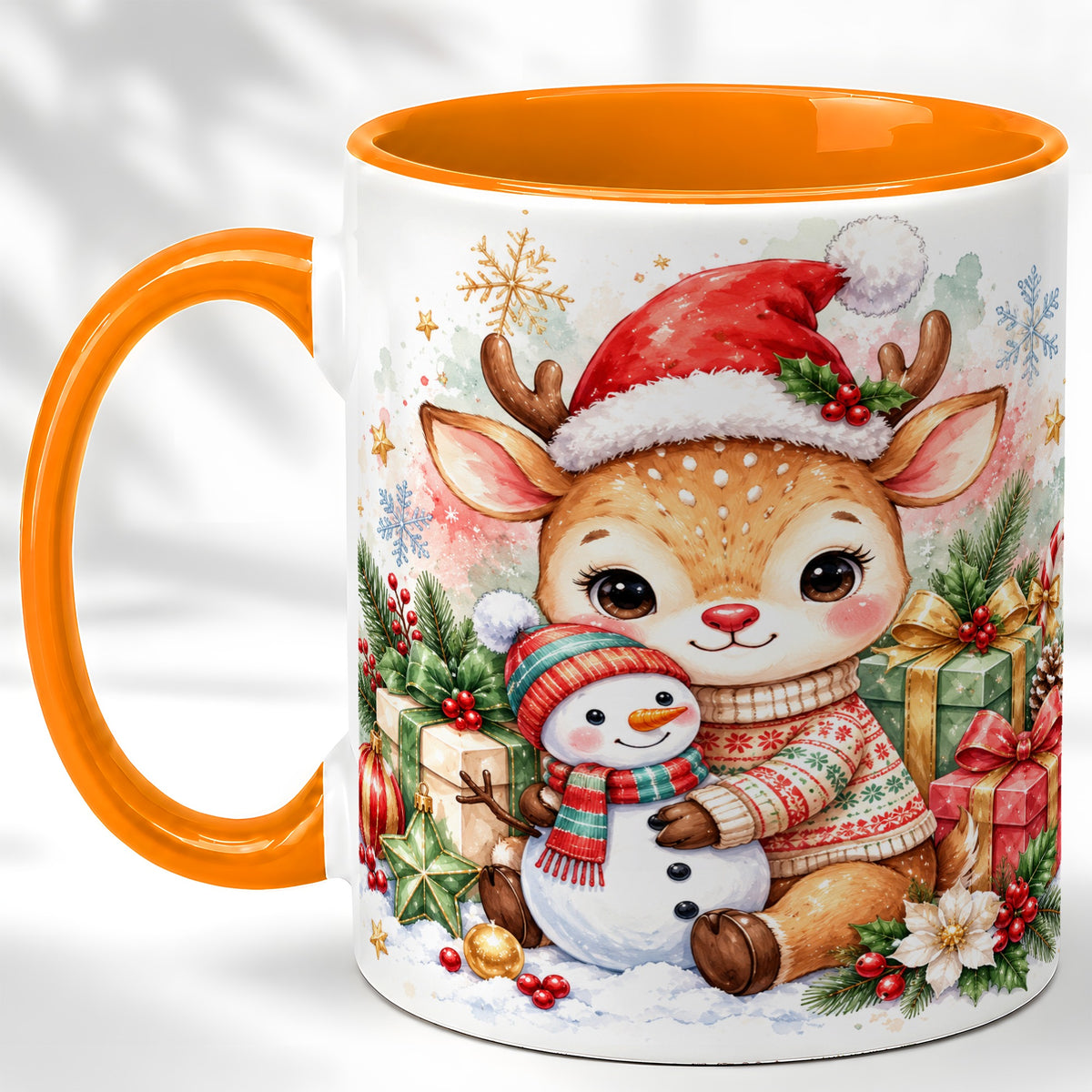 #pl[11oz|Orange] Watercolor Reindeer Coffee Mug, Snowman Mug, Ceramic Cup