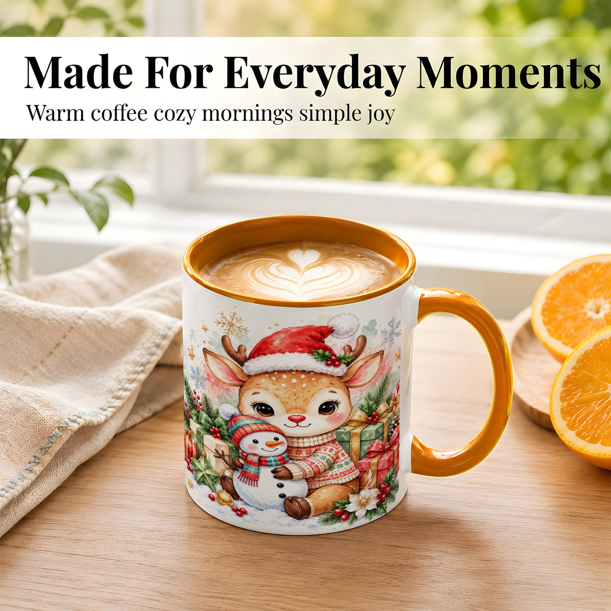 #pl[11oz|Orange] Watercolor Reindeer Coffee Mug, Snowman Mug, Ceramic Cup