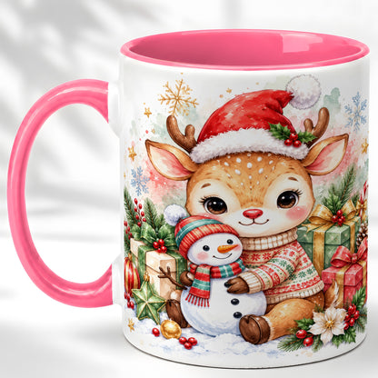 #pl[11oz|Pink] Watercolor Reindeer Coffee Mug, Snowman Mug, Ceramic Cup