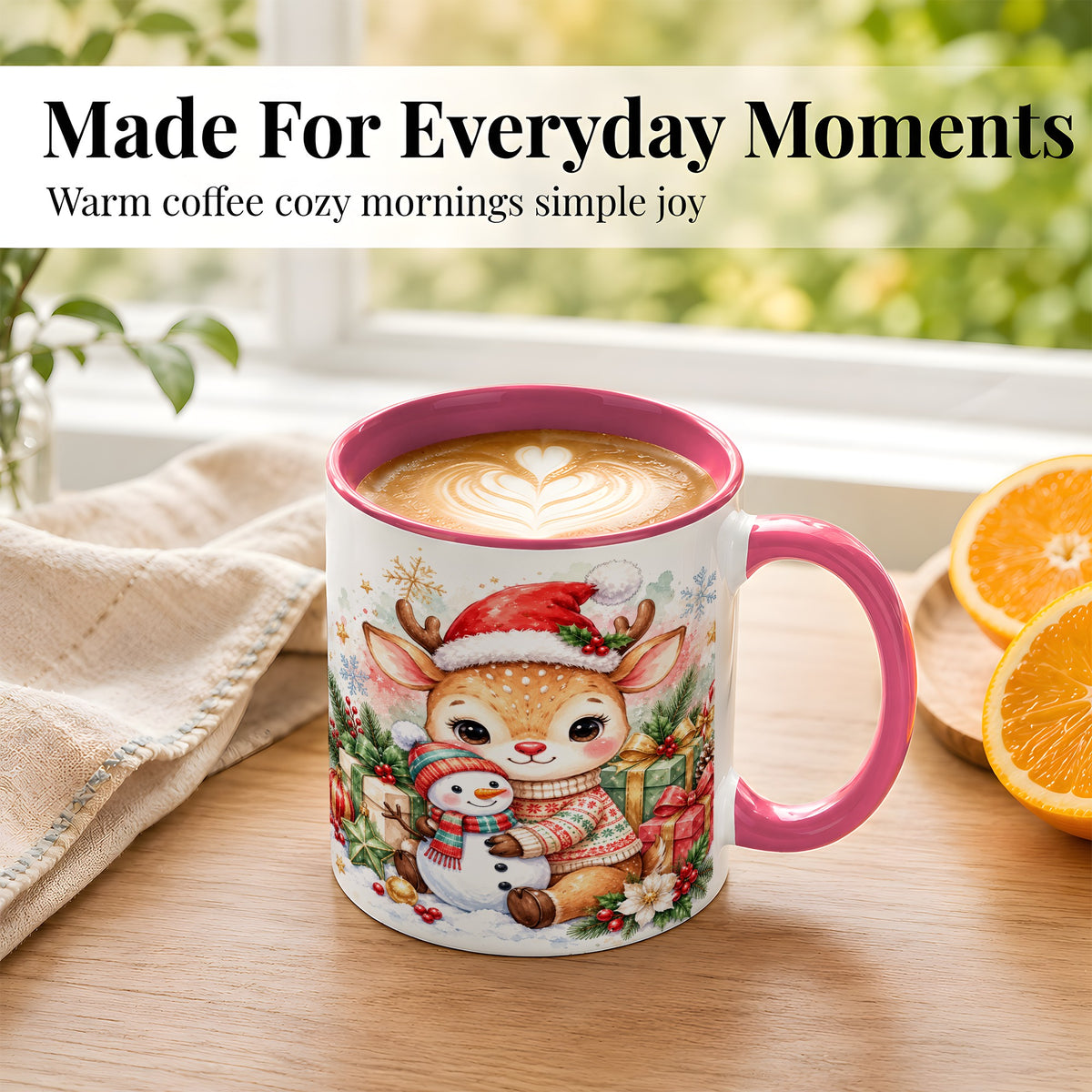 #pl[11oz|Pink] Watercolor Reindeer Coffee Mug, Snowman Mug, Ceramic Cup
