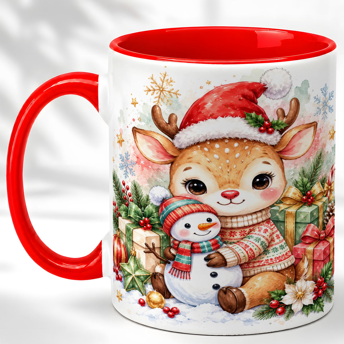 Watercolor Reindeer Coffee Mug, Snowman Mug, Ceramic Cup