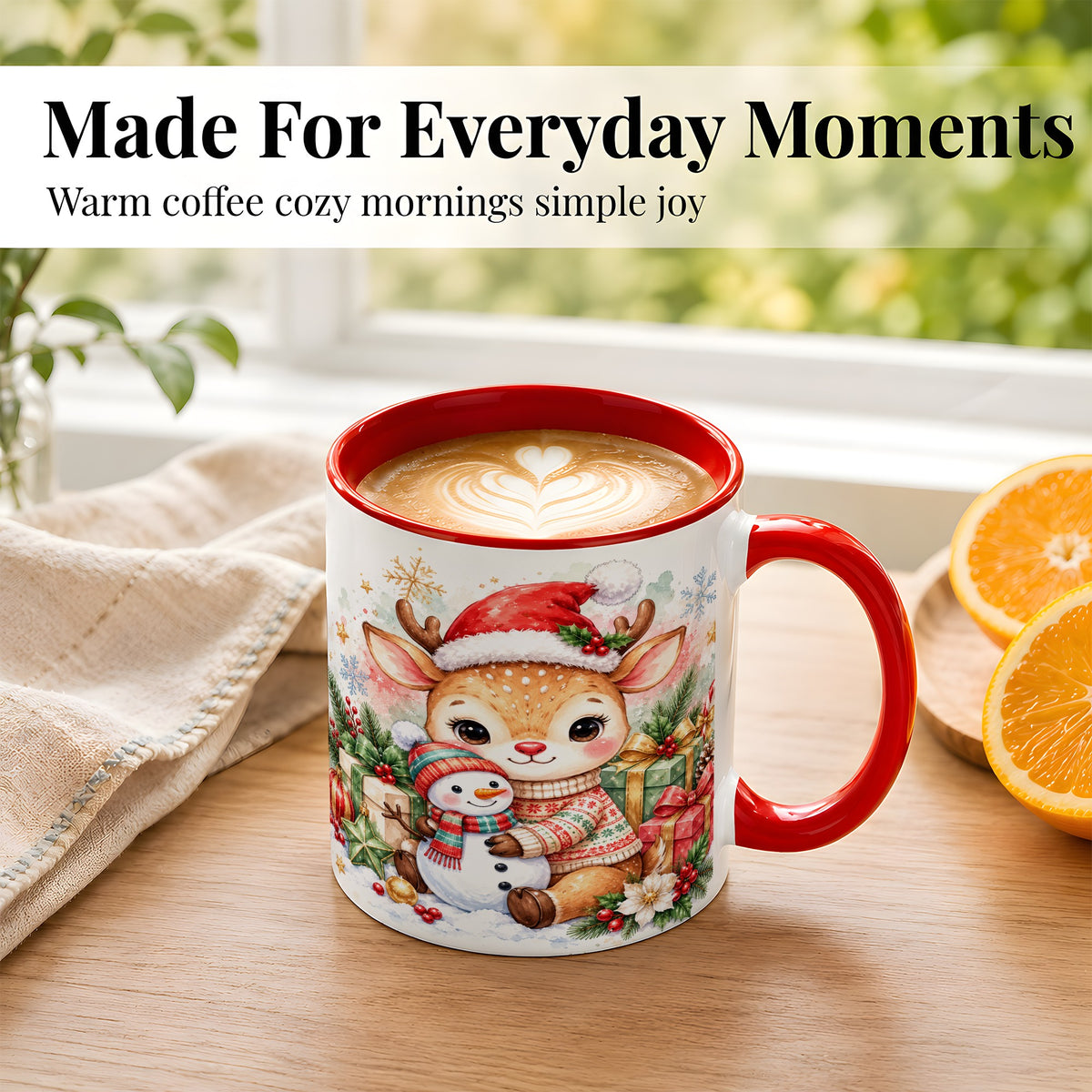 #pl[11oz|Red] Watercolor Reindeer Coffee Mug, Snowman Mug, Ceramic Cup