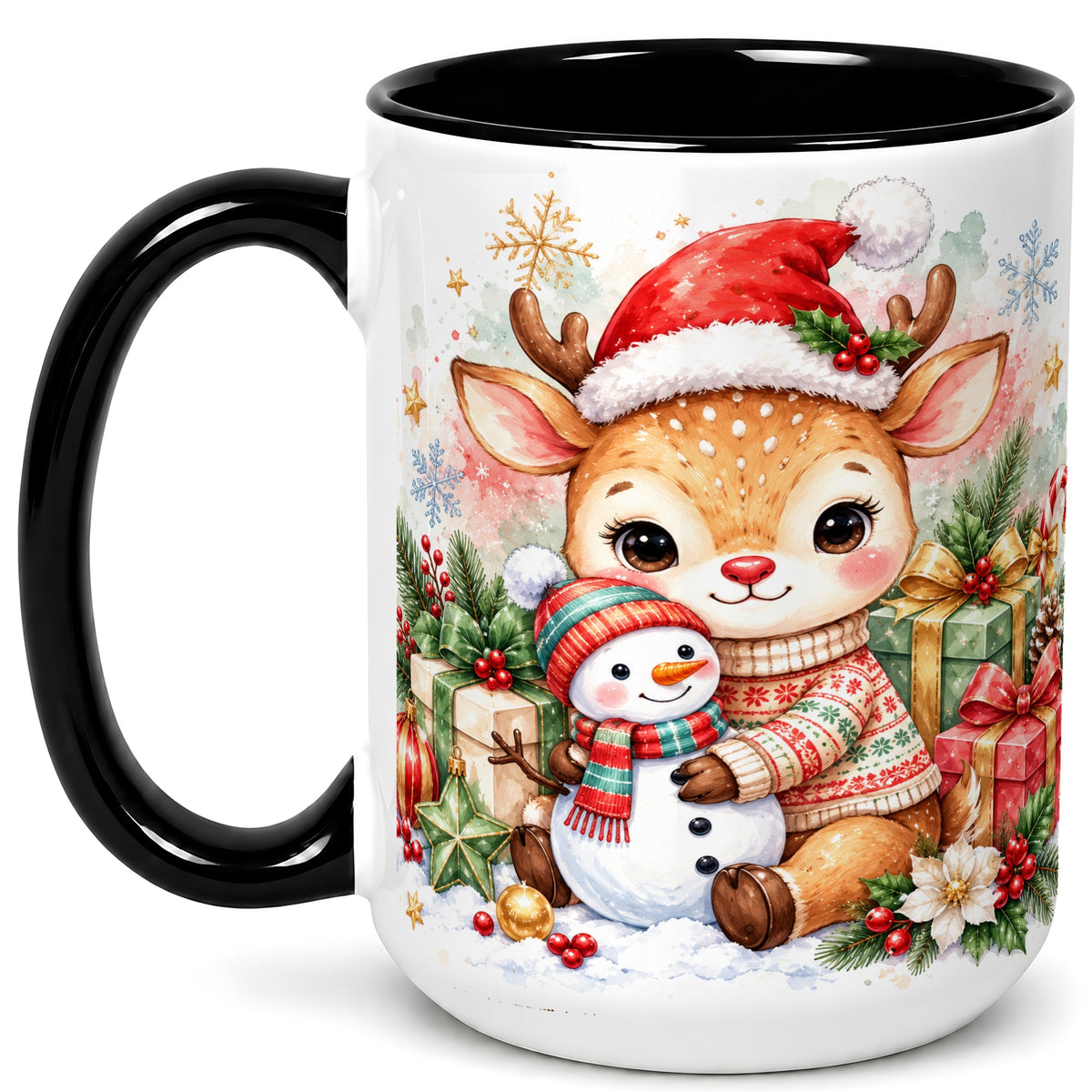 #pl[15oz|Black] Watercolor Reindeer Coffee Mug, Snowman Mug, Ceramic Cup