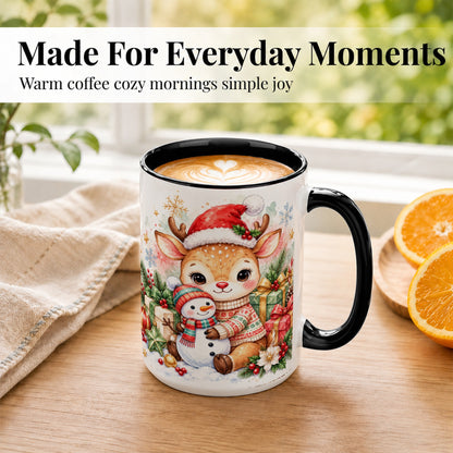 #pl[15oz|Black] Watercolor Reindeer Coffee Mug, Snowman Mug, Ceramic Cup