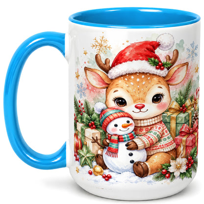 #pl[15oz|Blue] Watercolor Reindeer Coffee Mug, Snowman Mug, Ceramic Cup