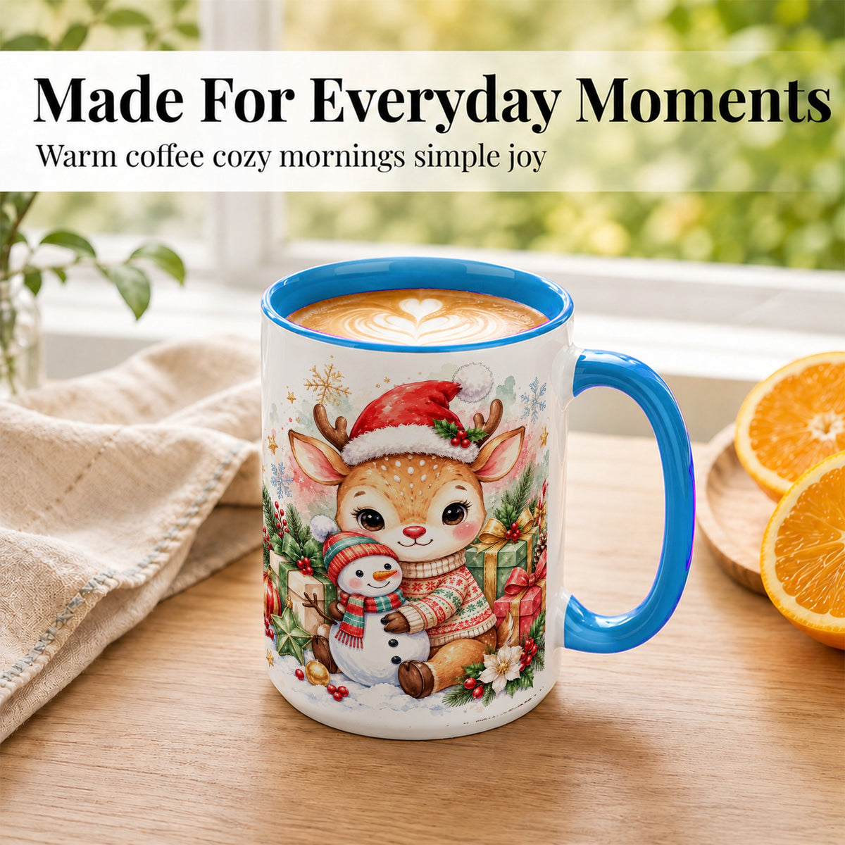 #pl[15oz|Blue] Watercolor Reindeer Coffee Mug, Snowman Mug, Ceramic Cup