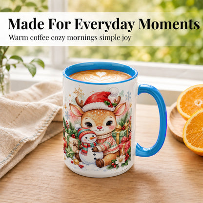 #pl[15oz|Blue] Watercolor Reindeer Coffee Mug, Snowman Mug, Ceramic Cup
