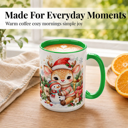 #pl[15oz|Green] Watercolor Reindeer Coffee Mug, Snowman Mug, Ceramic Cup