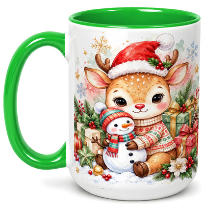 #pl[15oz|Green] Watercolor Reindeer Coffee Mug, Snowman Mug, Ceramic Cup