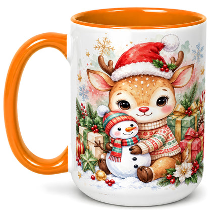 #pl[15oz|Orange] Watercolor Reindeer Coffee Mug, Snowman Mug, Ceramic Cup