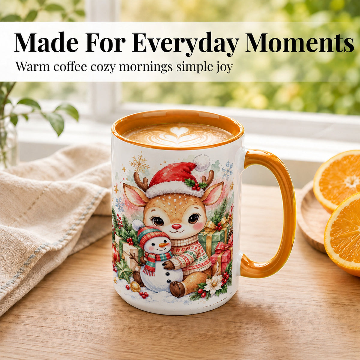 #pl[15oz|Orange] Watercolor Reindeer Coffee Mug, Snowman Mug, Ceramic Cup