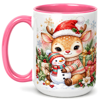 #pl[15oz|Pink] Watercolor Reindeer Coffee Mug, Snowman Mug, Ceramic Cup