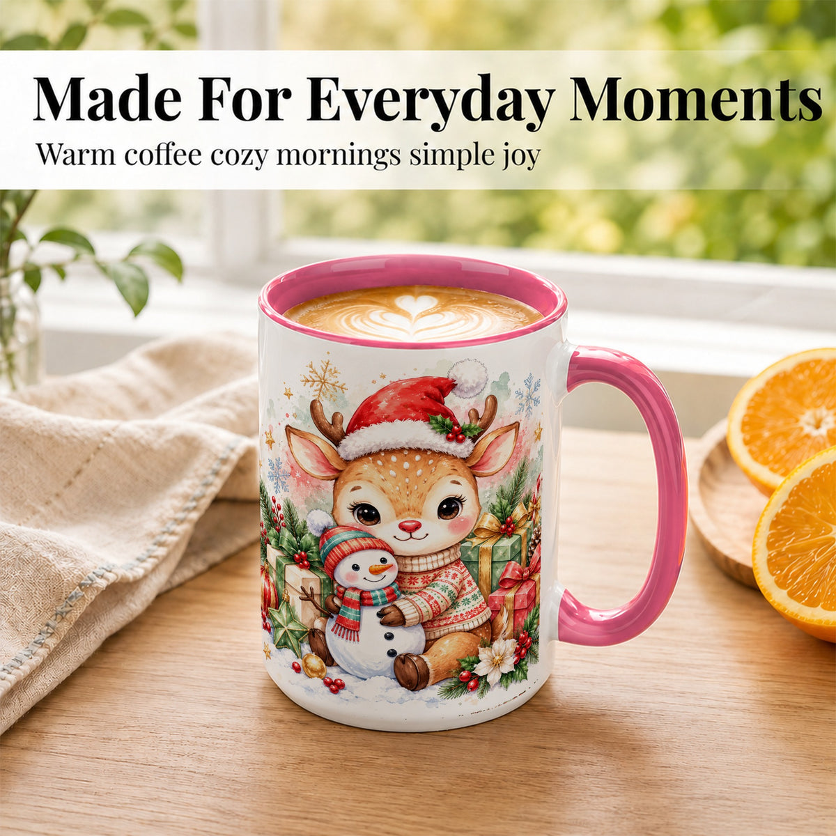 #pl[15oz|Pink] Watercolor Reindeer Coffee Mug, Snowman Mug, Ceramic Cup
