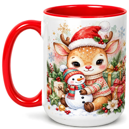 #pl[15oz|Red] Watercolor Reindeer Coffee Mug, Snowman Mug, Ceramic Cup
