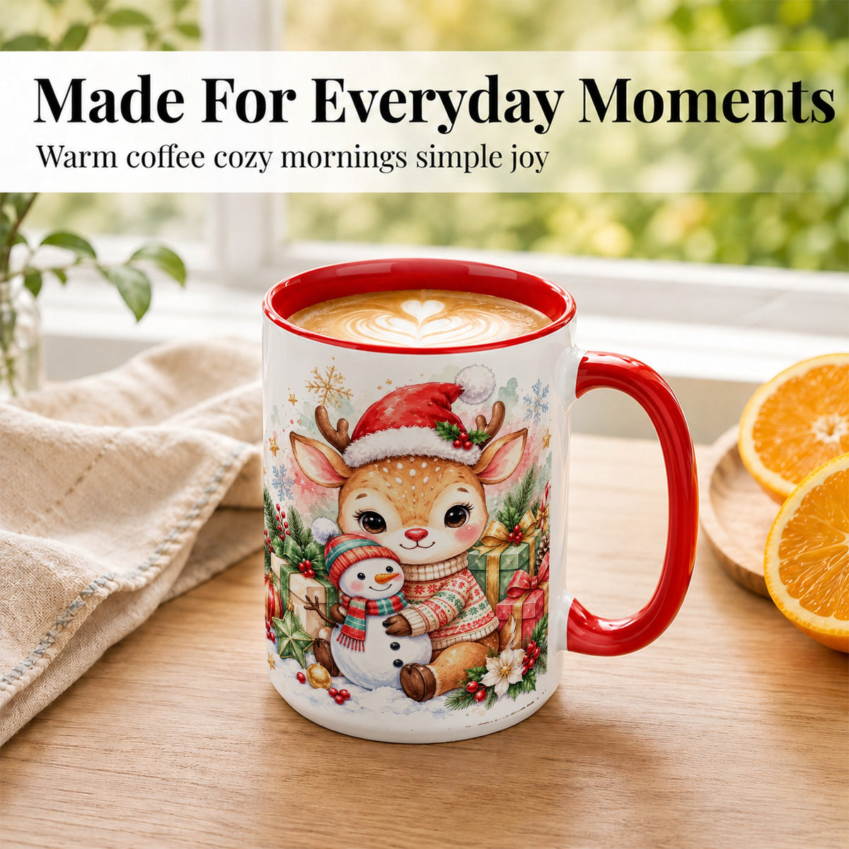 #pl[15oz|Red] Watercolor Reindeer Coffee Mug, Snowman Mug, Ceramic Cup